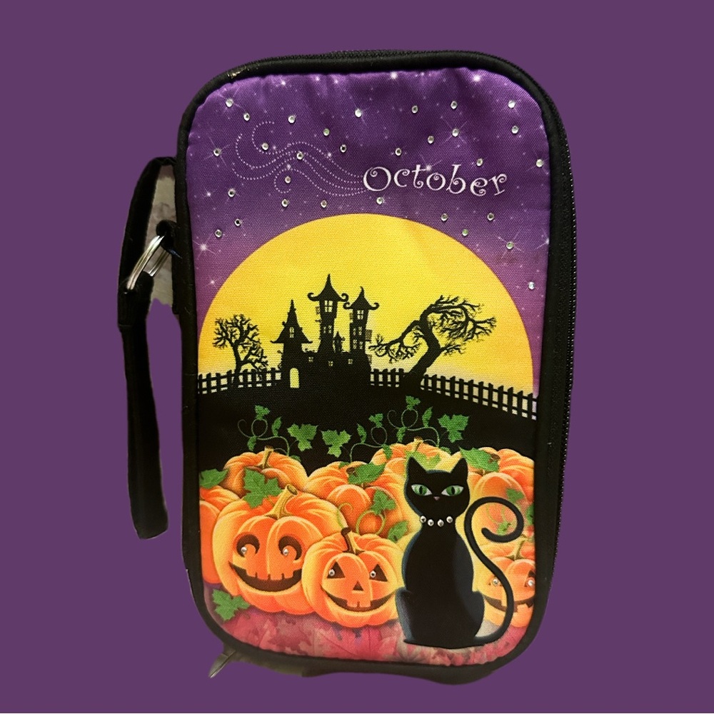 Halloween Themed Wristlet with Cat and Pumpkins